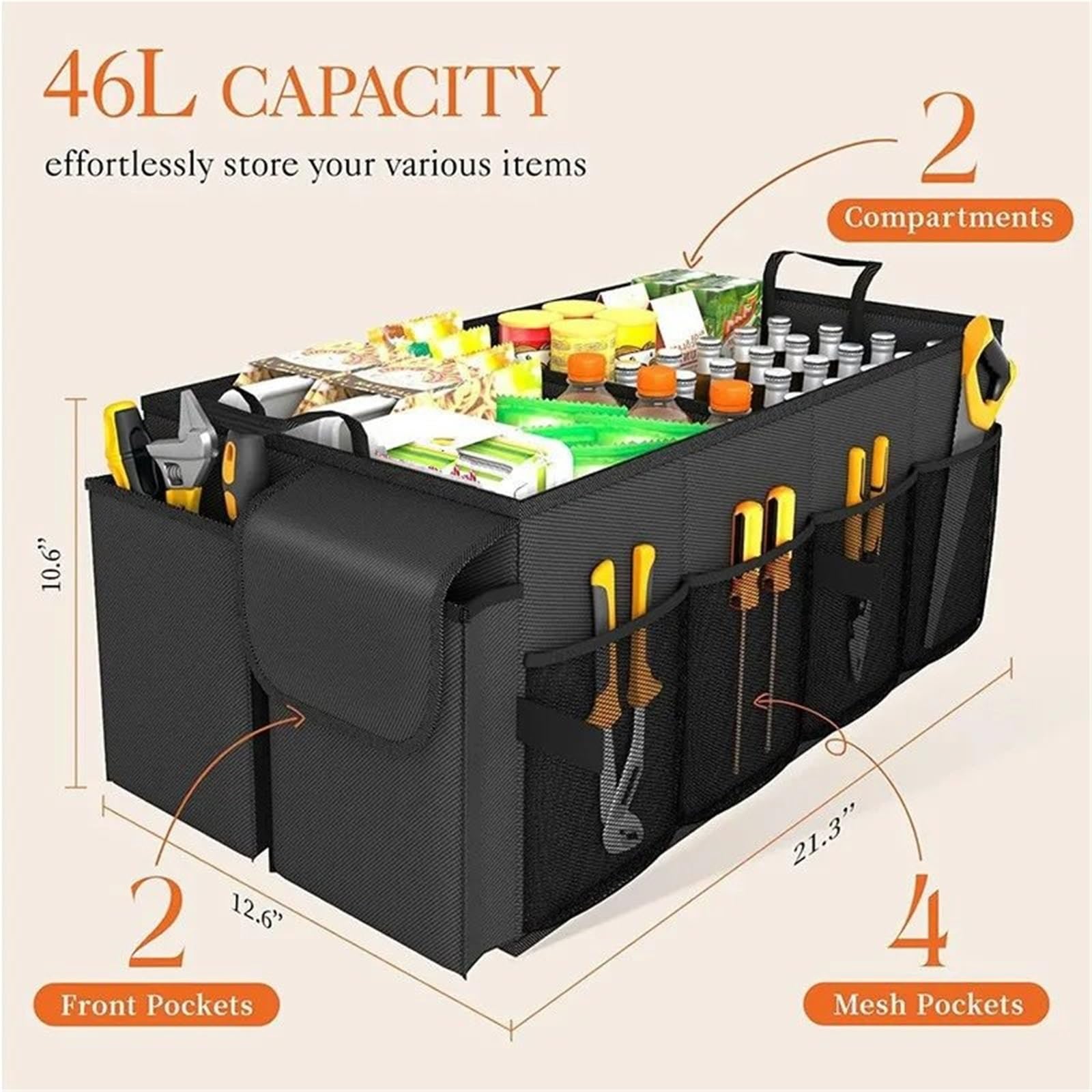 Organizer Emergenze Viaggio‌ Grande capacità, pieghevole, per bagagliaio auto, contenitore portaoggetti per campeggio, viaggio all'aperto, auto Borsa Portaoggetti da Bagagliaio‌(Black)