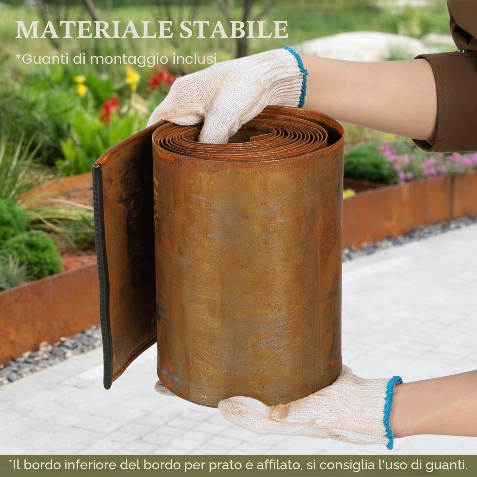 Bordo per prato in acciaio corten, 5 m x 20 cm, bordatura per aiuole in metallo con effetto ruggine, nastro flessibile per bordo prato, con 1 paio di guanti, per limitare aiuole, sentieri da giardino