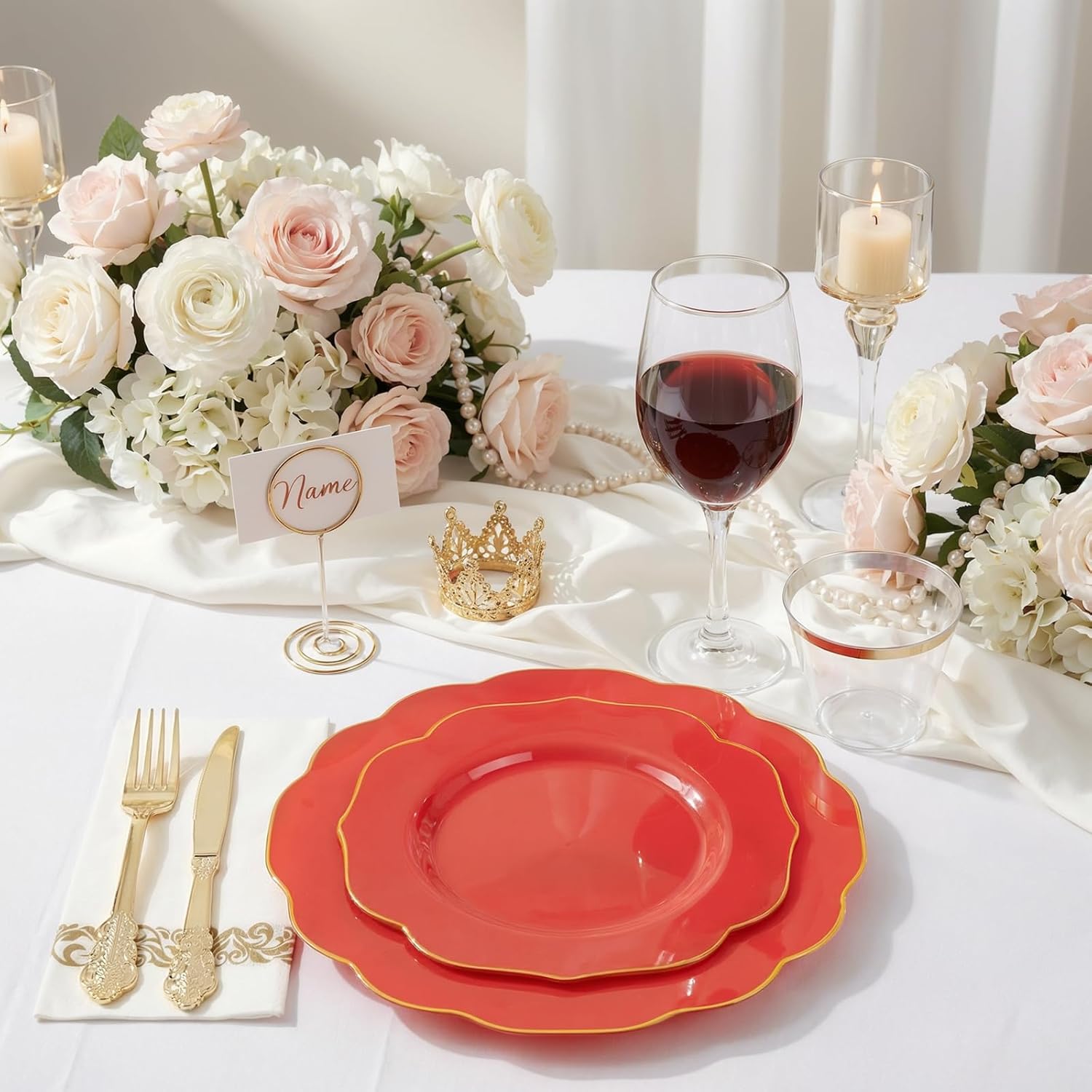 NOCCUR 175PCS Red Plastic Plates with Gold Disposable Silverware - Include 50 Red Gold Plastic Plates,25 Knives,25 Forks,25 Spoons,25 Cups and 25 Napkins - Ideal for Party/Valentines & Galentines Day