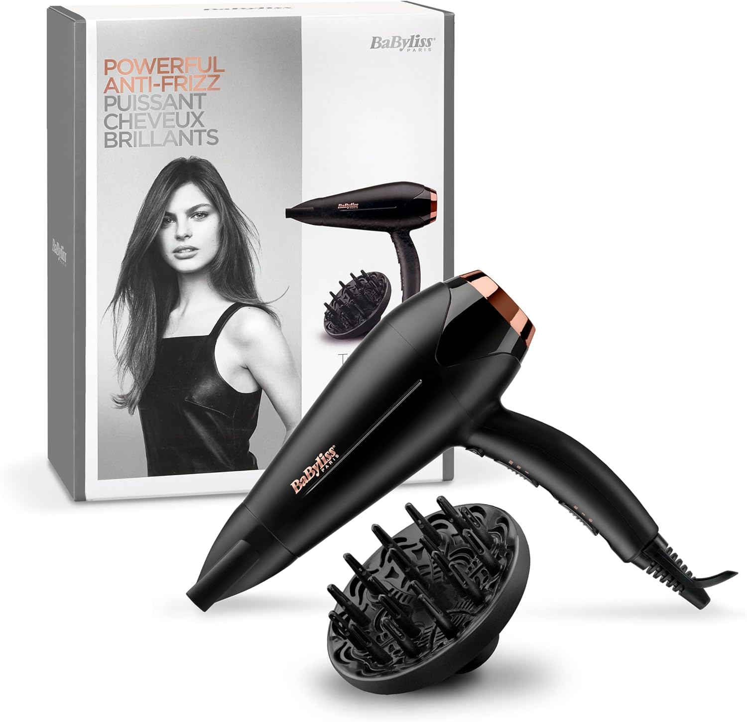 BaByliss Hair Dryer, 2200W, 2 Speed Setting, 3 Heat, Ionic Frizz Control, Tourmaline Ceramic Technology, Slim Concentrator Nozzle, Removable Filter, D570DSDE, Black