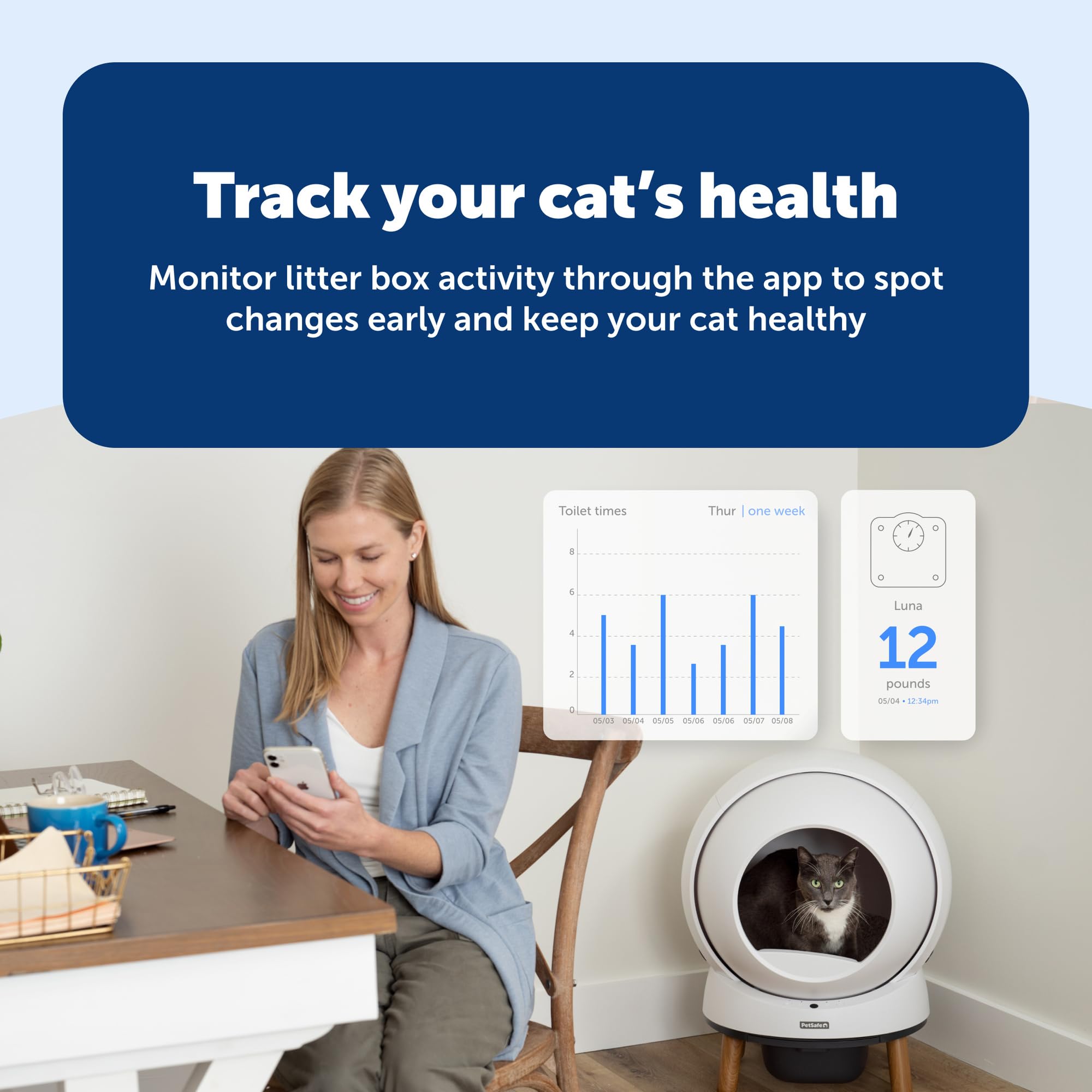 PetSafe ScoopFree SmartSpin - Lettiera autopulente, controllo avanzato degli odori, controllata tramite app, fino a 2 settimane di pulizia a mani libere, include tappetino per lettiera, 50 sacchetti