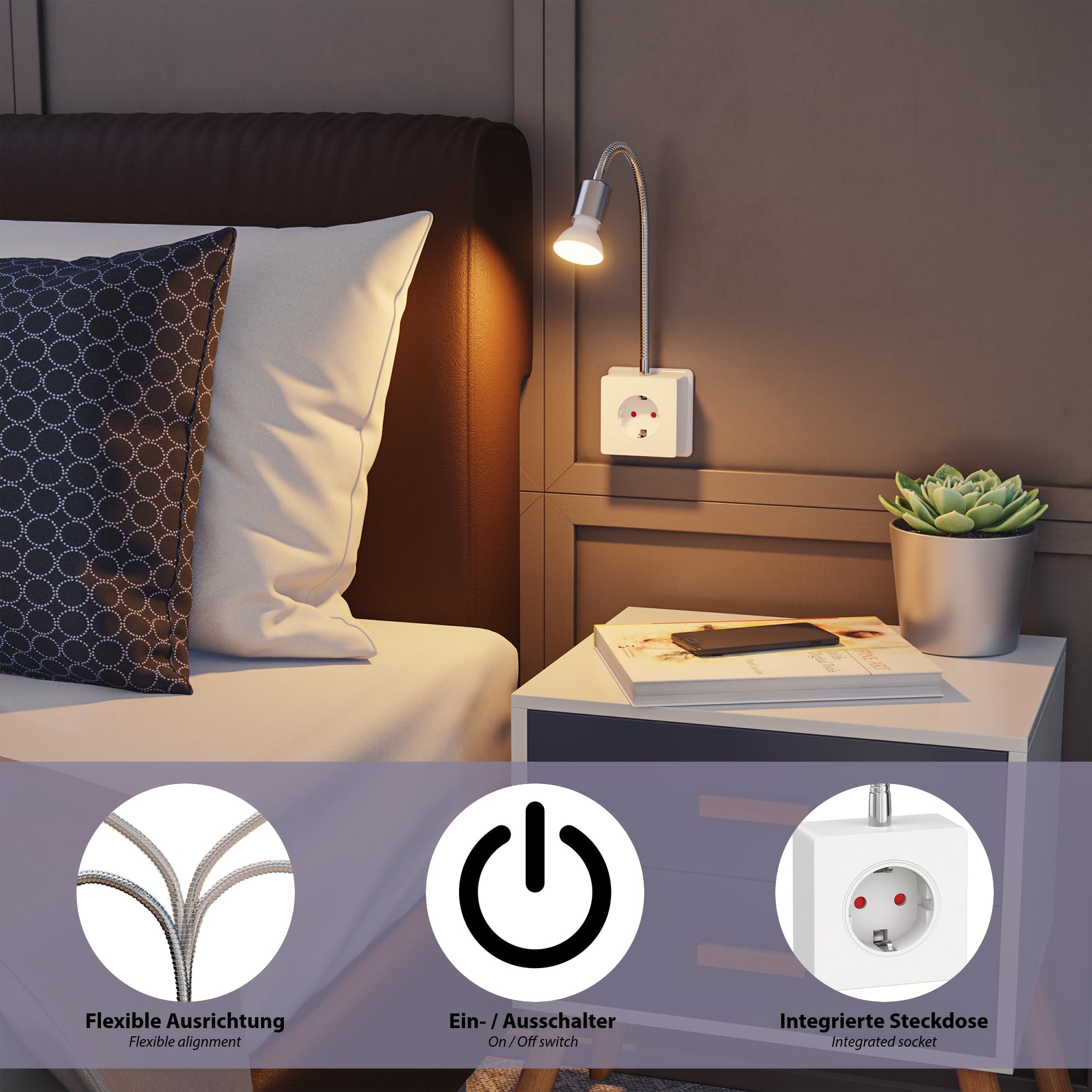 ledscom.de Lámpara de lectura LESCH con 2 enchufes, cromada/blanca, incluye bombilla LED GU10 de 5,3 W, 504 lm, 44°, luz blanca