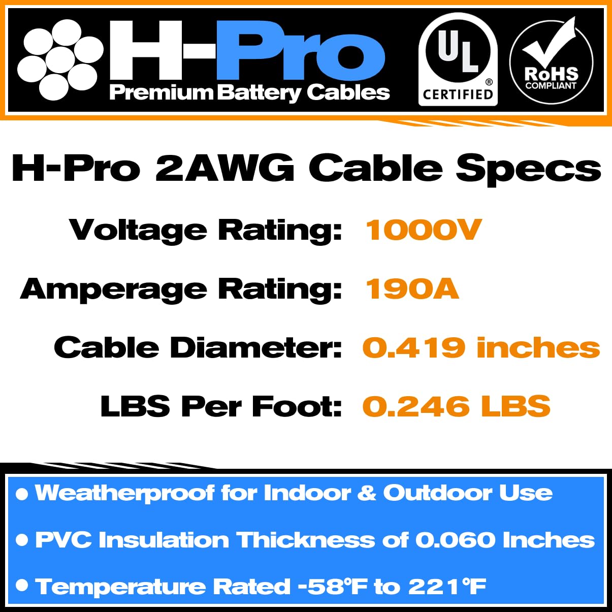 4FT 2AWG Premium Battery Cables - Insulated 676/30 Copper Strand Rated to 1000 Volts - 5/16" Battery Lugs Installed on Each End (1 Black 4FT Cable and 1 red 4FT Cable)