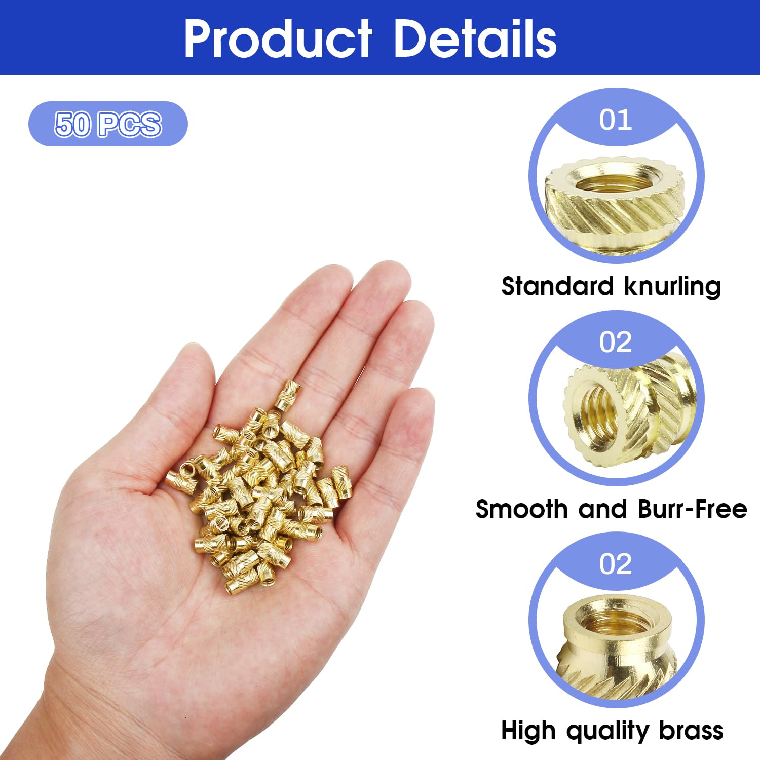 Knurled Insert Nuts, 50pcs M3 x 12mm L x 5mm OD Brass Heat Set Insert Nuts, Female Threaded Knurled Embedding Nuts for 3D Printing Laptop Automotive Plastic Shells image 3