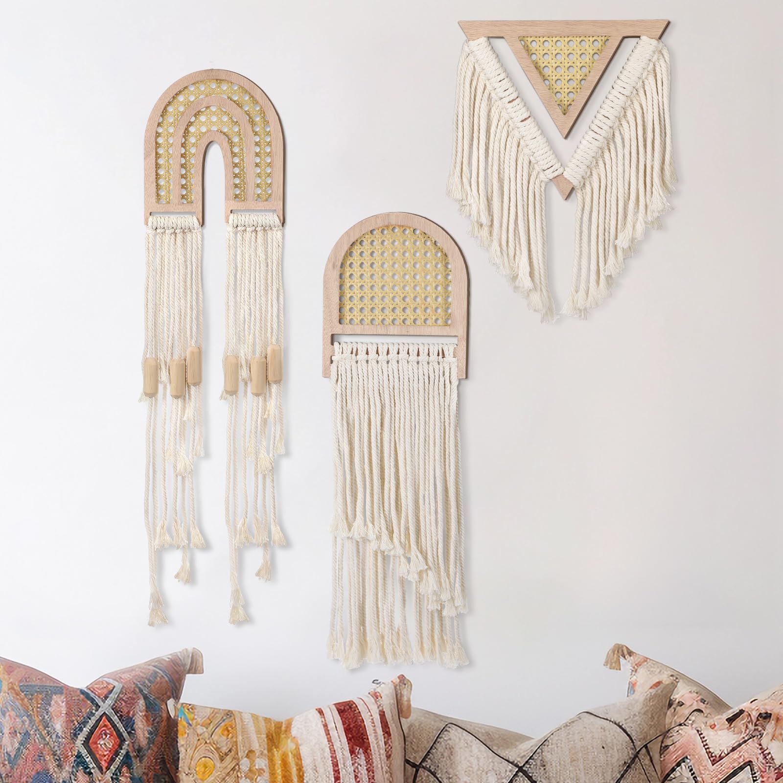 Photo 1 of 3 Pcs Natural Rattan Macrame Wall Hanging Small Woven Tapestry Boho Wall Decor Beautiful Beige Bohemian Geometric Cotton Tassel Macrame Wall Art for Home Bedroom Nursery Dorm Party Decoration