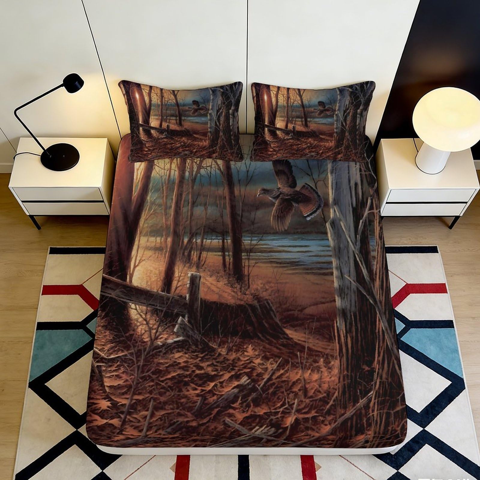3D Printed Forest Lake Fitted Sheet Microfiber Soft Brown Duck Scene Mattress Cover for Bedroom Dorm Decor 90x200x25cm