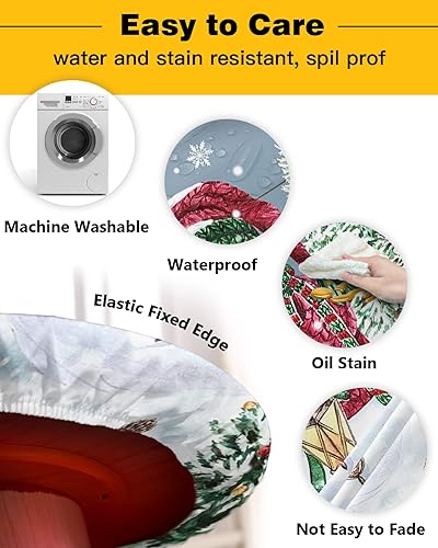 Miniatura 3 de Mantel ajustable para mesa redonda, muñeco de nieve, árbol de Navidad, cardenal con borde elástico, impermeable, diseño de copos de nieve, piñas de