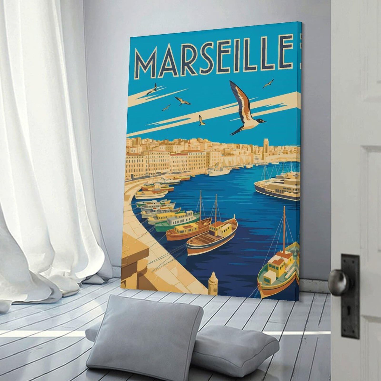 Junmoney Frame-Style-16 Decorative Canvas Print Marseille Travel (5), 24X36inch(60X90cm), For New Homes, Bedrooms Or Workspaces, A Wall Art Gift For Fresh Interiors