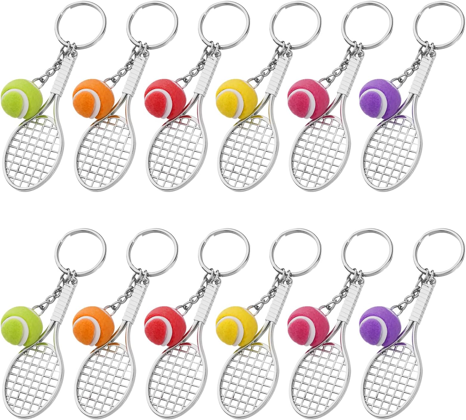 Sports Keychain Tennis Ball Keyring Mini Metal Racket Keyring Creative Ball Split Keychain Gift for Tennis Lovers 12 Pieces (6 Color Balls)