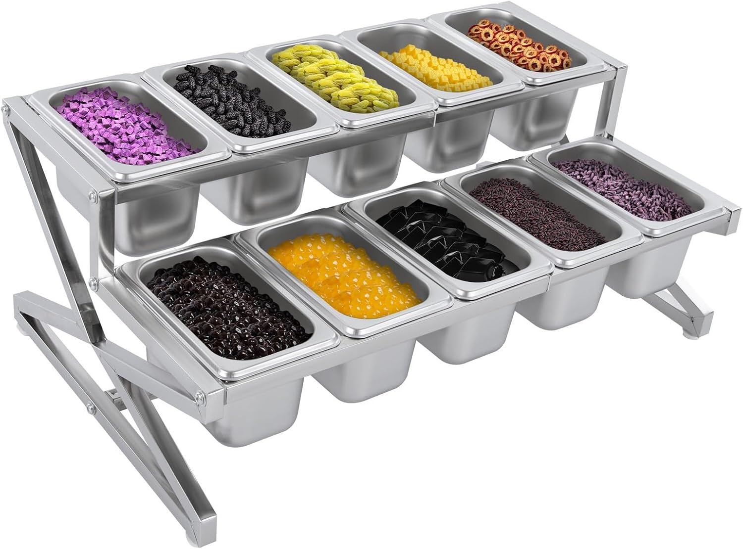 Pizza Topping Station, 10 Pans Spice Rack Organizer, Expandable Stainless Steel Countertop Seasoning Container, Height Adjustable Condiment Dispenser for Kitchen Pantry Containers Sauces Fruits