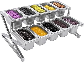Pizza Topping Station, 10 Pans Spice Rack Organizer, Expandable Stainless Steel Countertop Seasoning Container, Height Adjustable Condiment Dispenser for Kitchen Pantry Containers Sauces Fruits