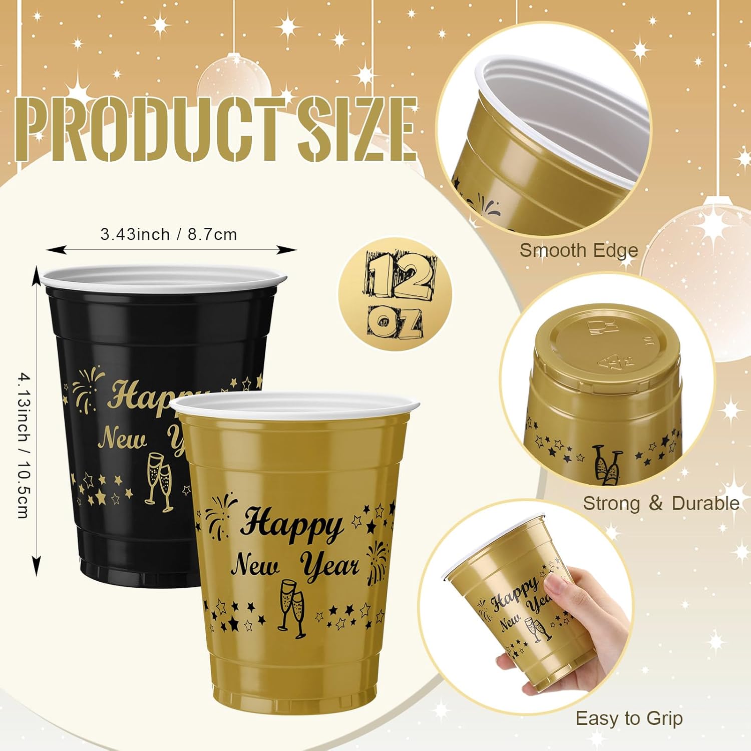 Vesici 50 Pcs 12 oz Happy New Year Disposable Plastic Cups Black Gold Drinking Cups New Year Party Supplies for Holiday Christmas - Image 3