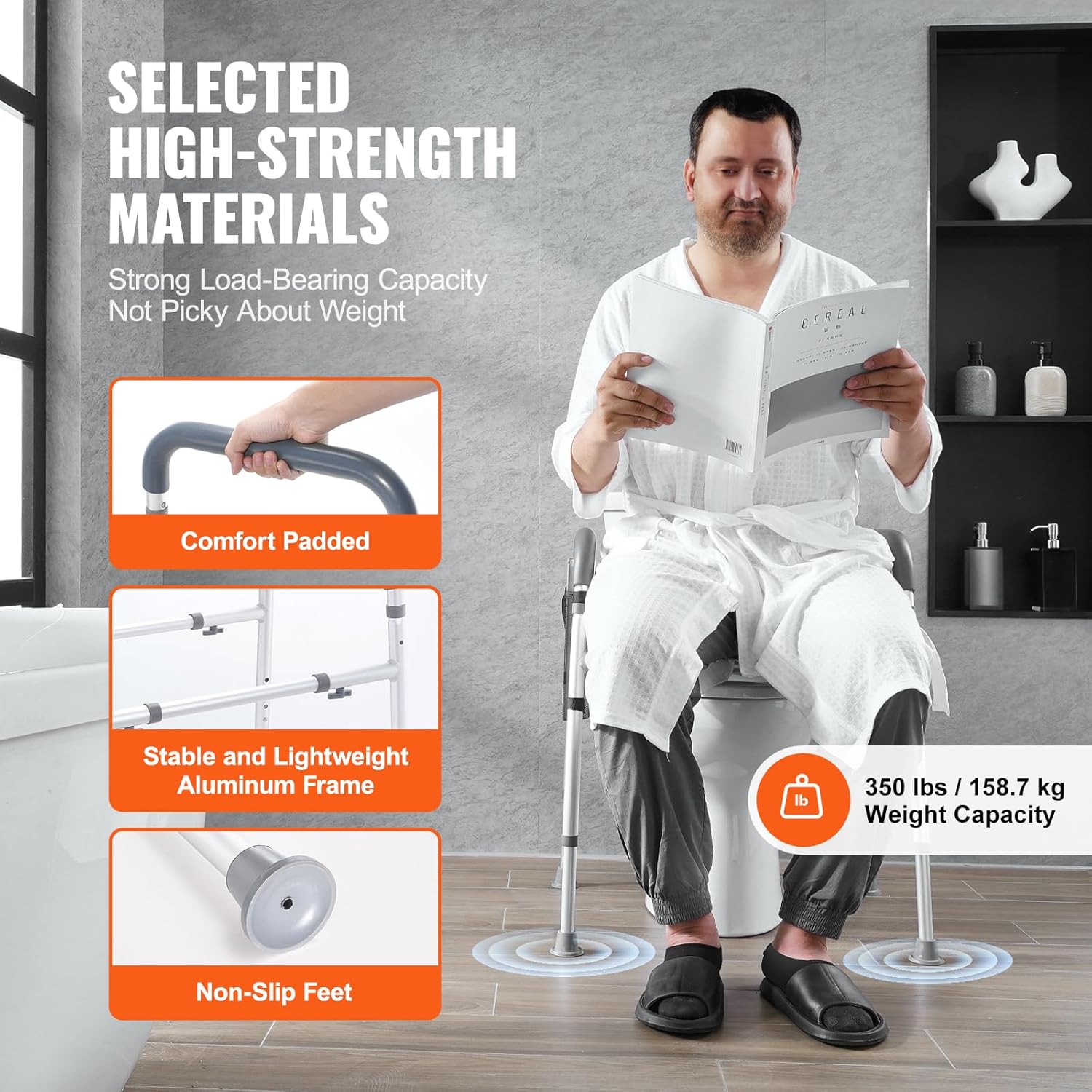 VEVOR Raised Toilet Seat, 7-Position Height Adjustment 19.3" - 25.2", 350lbs Weight Capacity, with Comfort Padded Aluminum Frame, Universal Toilet Seat Riser, for Elderly, Handicap, Pregnant, Medical