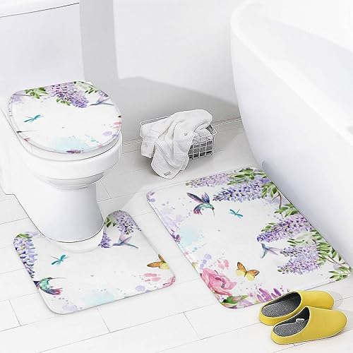 Miniatura 4 de Juego de 4 cortinas de ducha de colibríes florales de acuarela, 4 piezas, abstracta moderna flor morada, vid, mariposa, libélula juegos de