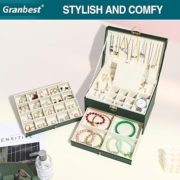 Granbest 3 Layers Jewellery Box with 2 Drawers, Elegant Jewellery Organiser, Leather Jewellery Storage Case Ideal for Necklaces, Bracelets, Rings and Earrings (Dark Green)