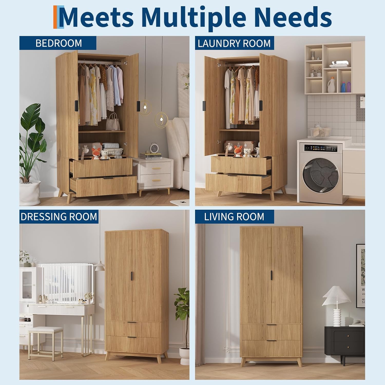 Garvee 71" Armoire Wardrobe Closet, Modern Wooden Bedroom Armoire with 2 Drawers & 2 Doors and Adjustable Shelves，Clothing Storage Cabinet with Aluminum Hanging Rod, Locker