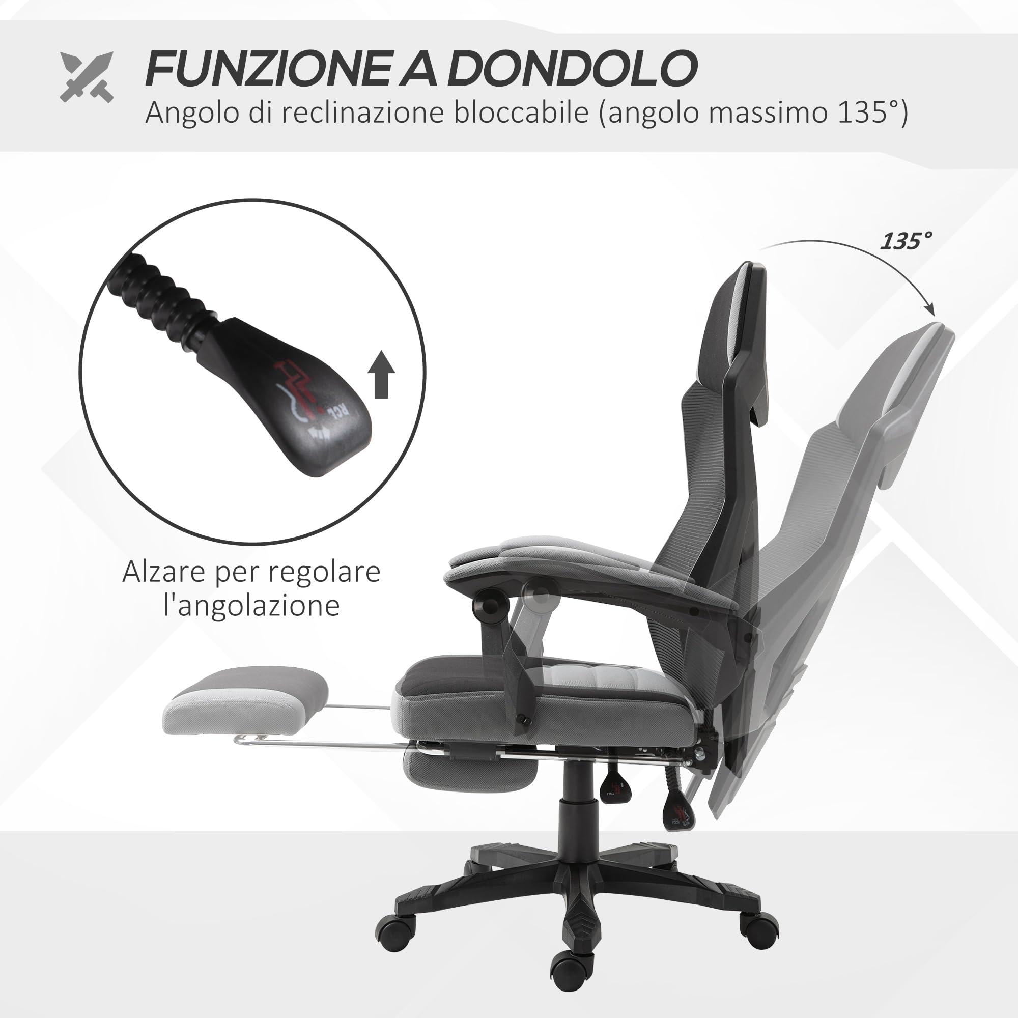 Vinsetto Sedia da Ufficio Ergonomica con Poggiapiedi Retrattile Grigio | Schienale Alto, Sedia da Scrivania Girevole Reclinabile, Supporto Lombare, Altezza Regolabile, Tessuto a Rete