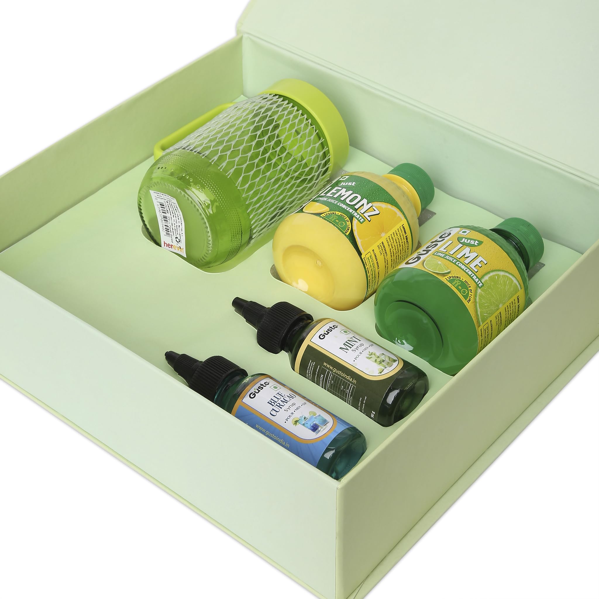 Gusto Foods Mojito Cocktail Mix Gift Box - Lemon Juice Concentrate (200ml) + Lime Juice Concentrate (200ml) + Mint Syrup (90g) + Blue Curacao Syrup (90g) & Small Juice Jar with Straw-image-8