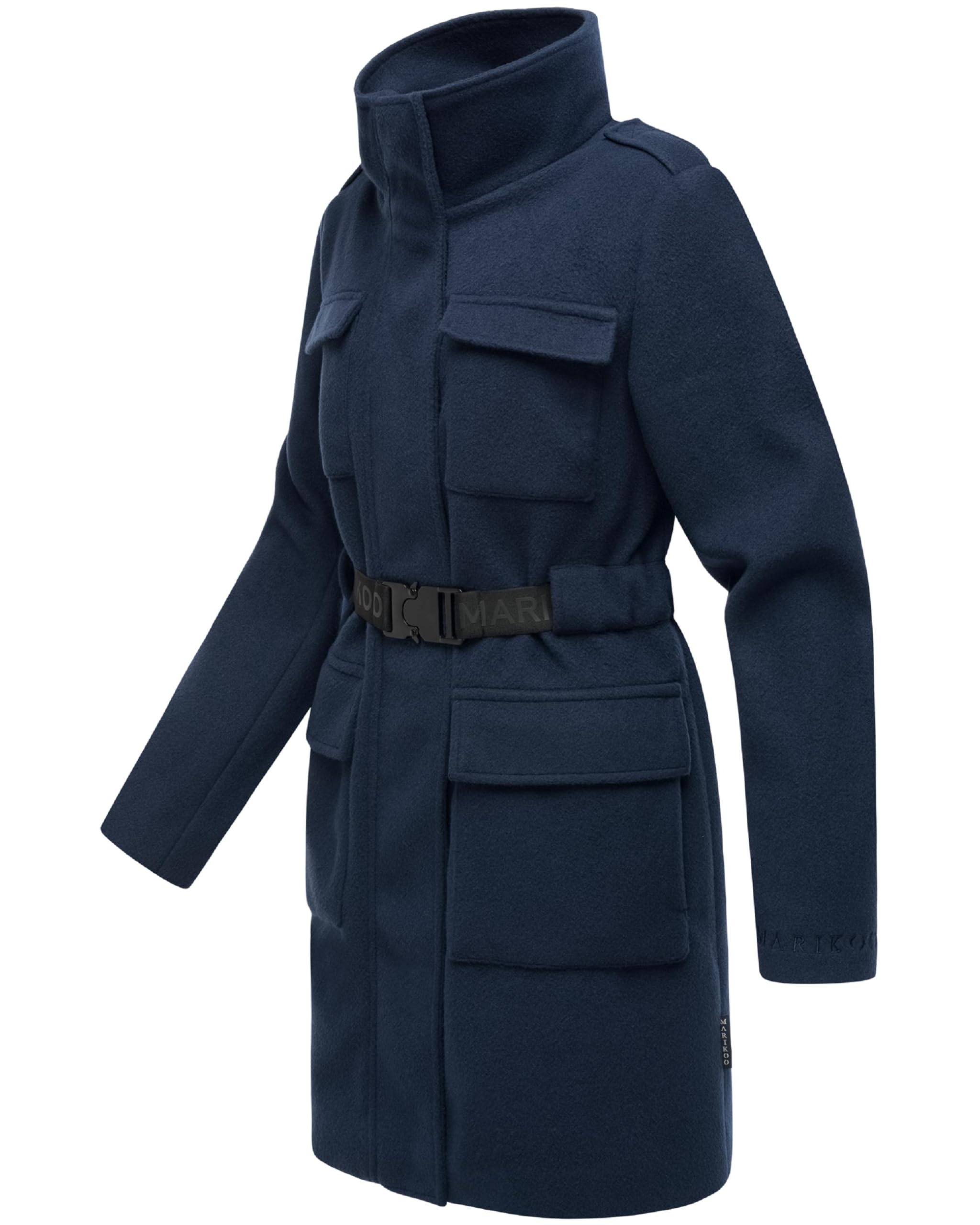 MARIKOO Damen lange Übergangsjacke Kurzmantel in Woll-Optik mit Taillengürtel Tanokoo 16 XS-XXL