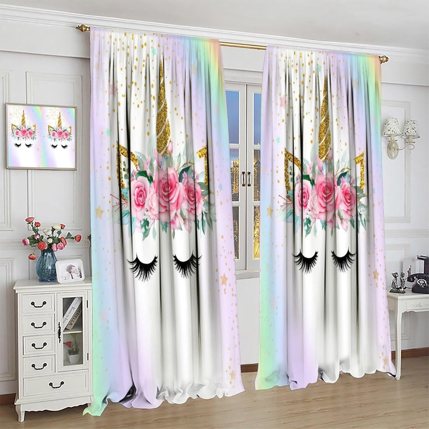 Kids Unicorn Curtains Rainbow Unicorn Window Curtain Fabric Thermal Insulated for Girl Room 42X45 Inch Blackout
