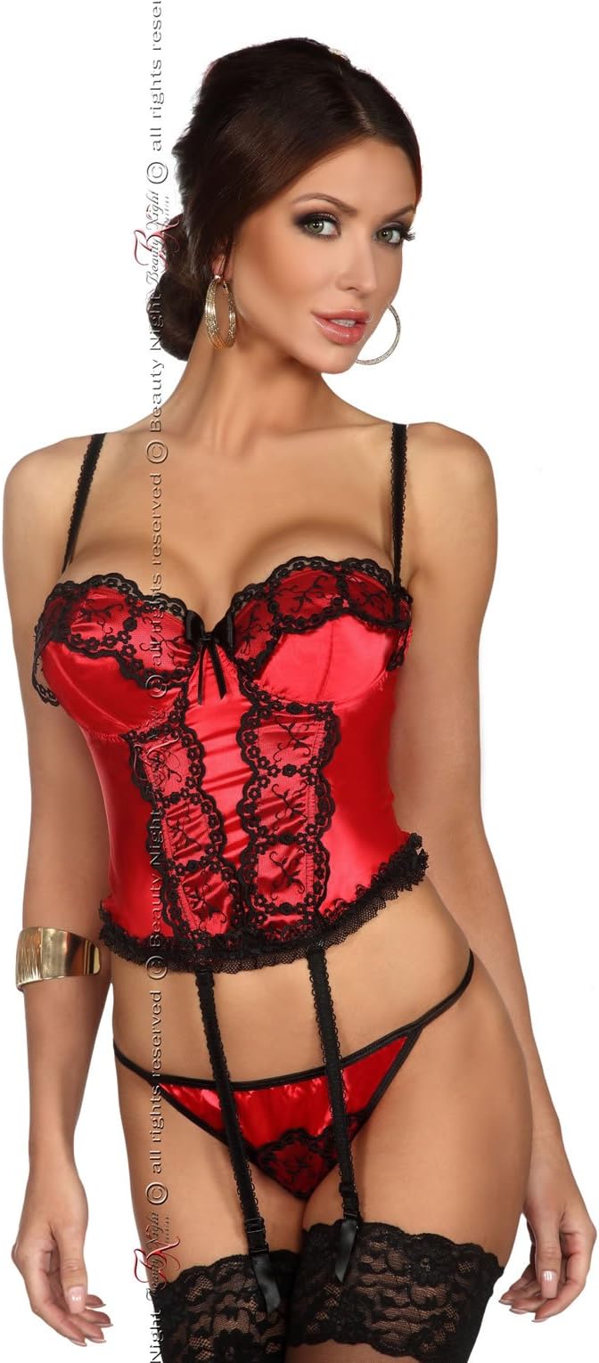 Sexy Red Black corset bustier shiny satin bow garter belr thong panty suspender belt 8 10 12 14 16 UK (8 10 12)