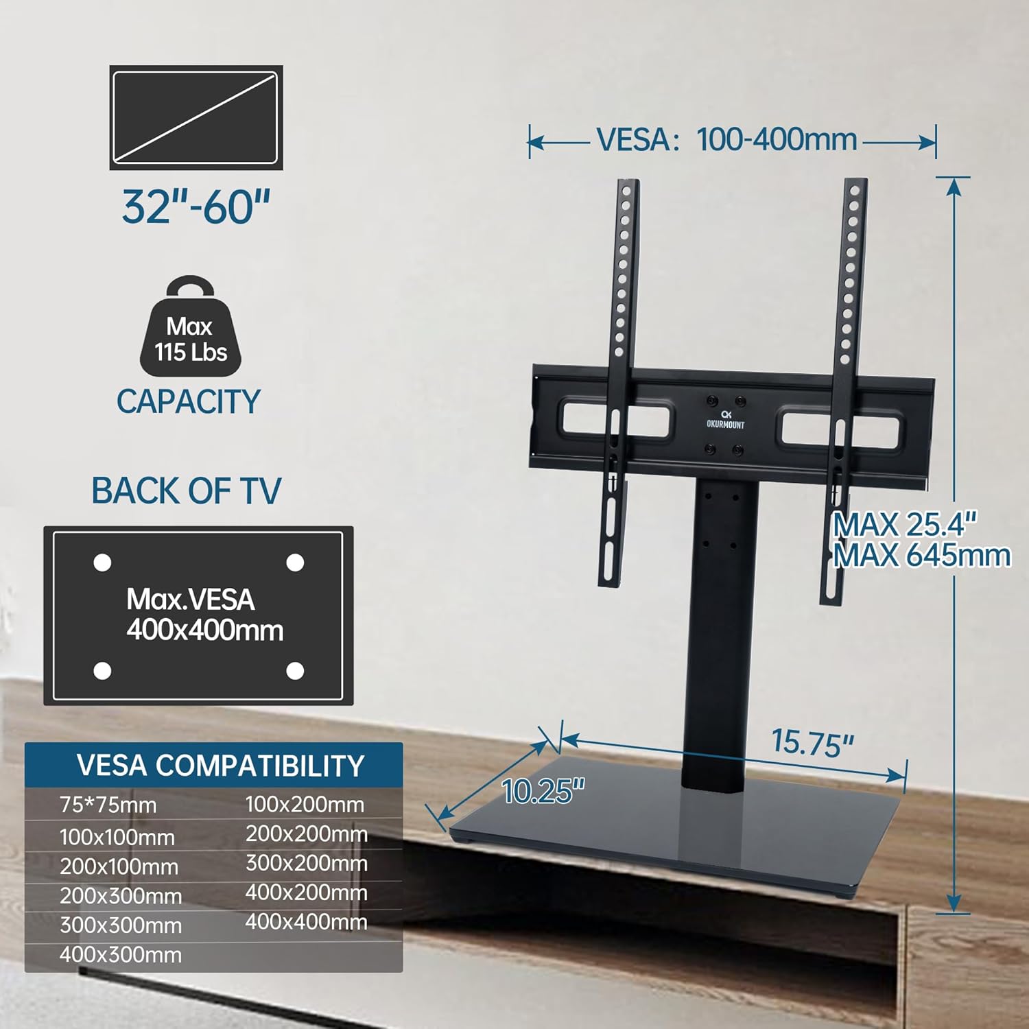 TV Stand Mount, Universal TV Table Top Base Stand for 32-60 inch LCD LED TVs Height Adjustable, Tempered Glass Base & Wire Management, MAX VESA 400x400mm, Upload to 88lbs