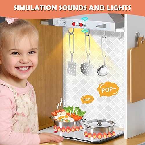 Miniatura 4 de JOYLDIAS Juego de cocina para niños, juego de cocina de madera con sonido y luz reales, máquina de hielo, horno, lavadora, pizarra, combinación