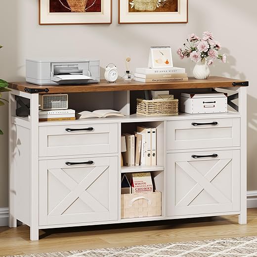 Halitaa Filing Organization Storage Cabinets 4 Drawer with Adjustable Shelf, Lateral Filing Cabinet with Open Storage Shelf for Home Office, Farmhouse File Cabinets for Hanging Files Letter/A4.White