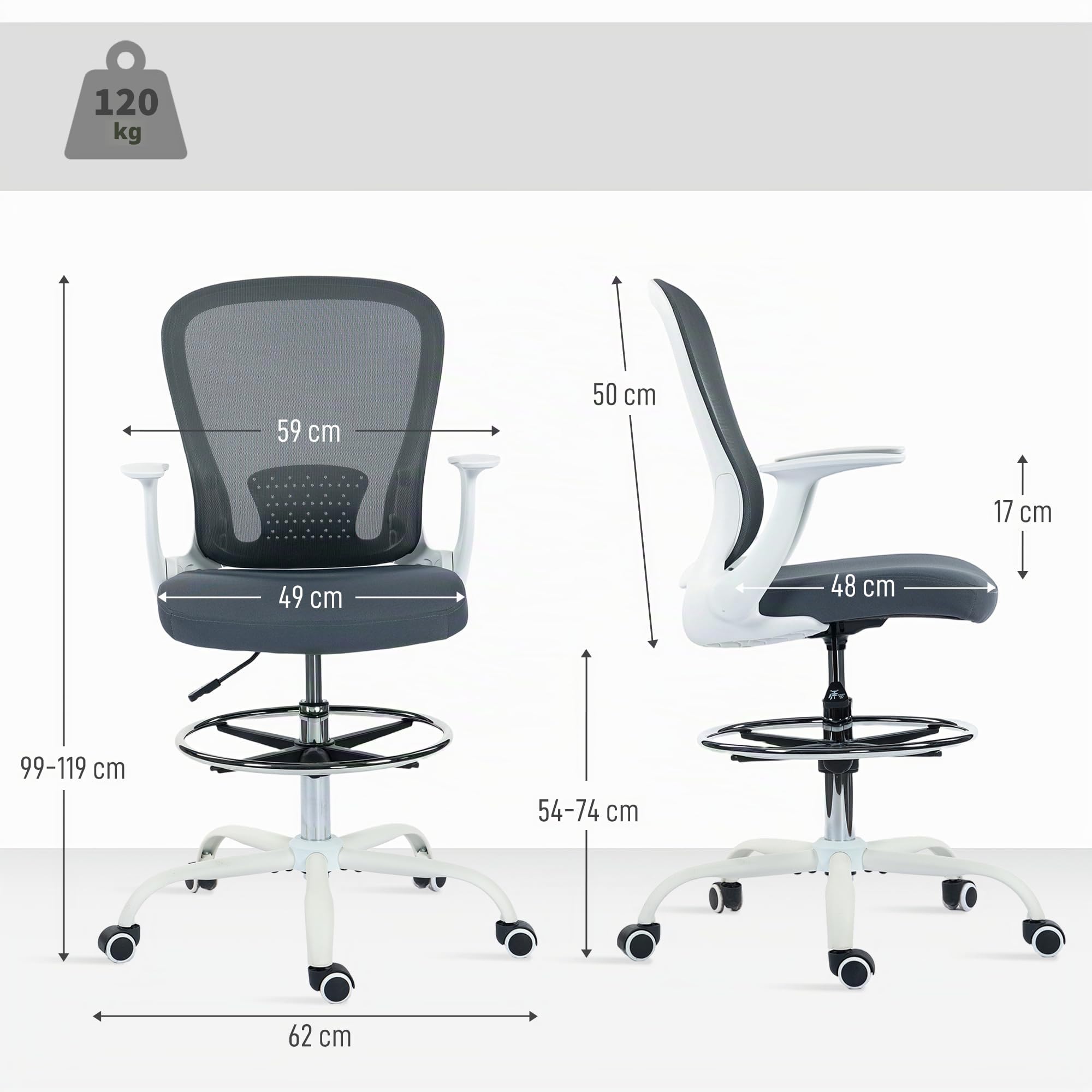 HOMCOM Silla de oficina ergonómica con reposapiés ajustable y reposabrazos elevables, Silla de dibujo con respaldo de malla, altura ajustable, reposabrazos altos, giratoria 360°, gris