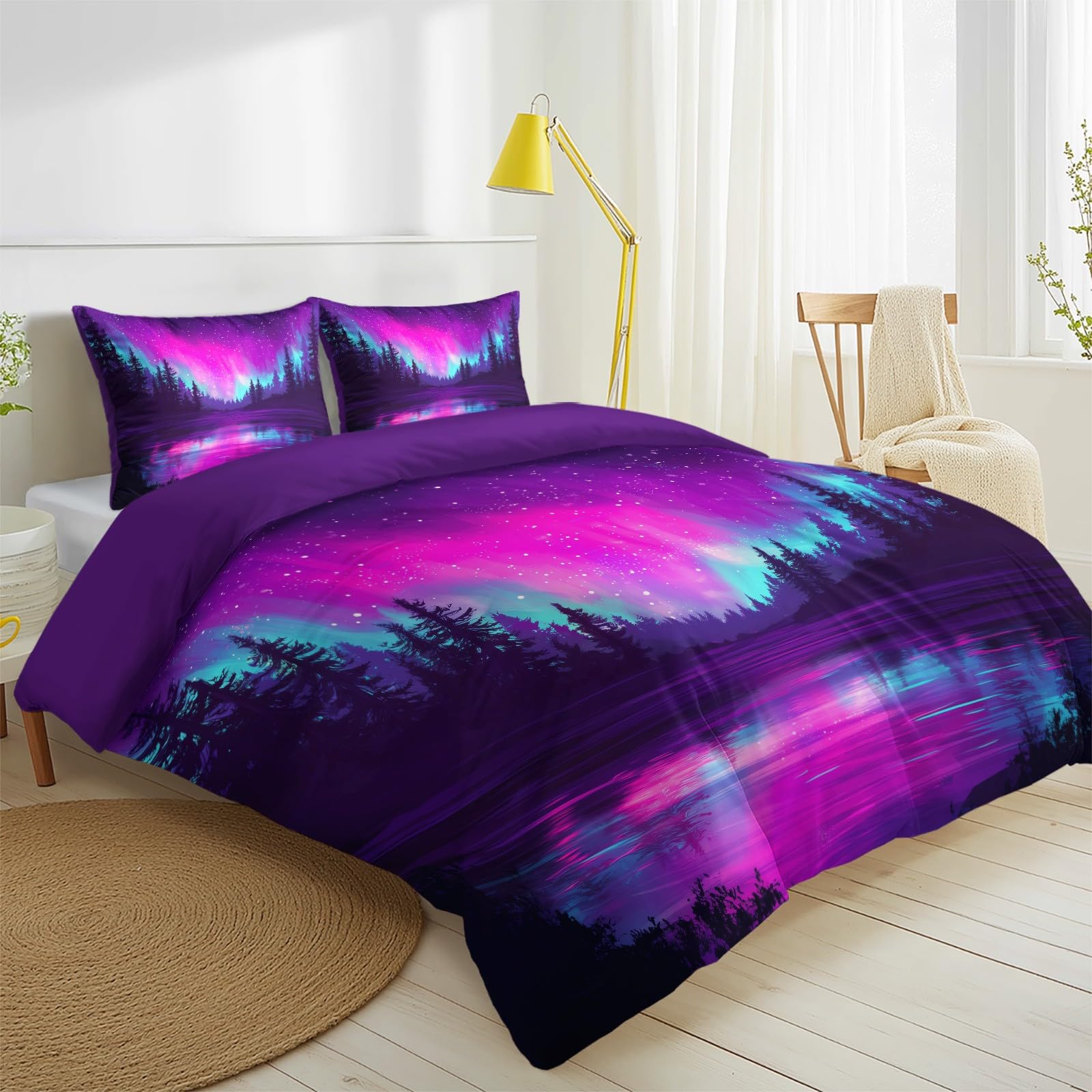 Générique Fantasy Aurora Poszwa na kołdrę Dreamer Lake Forest Zestaw pościeli Zestaw pościeli Dzieci Dorośli 260 x 240 cm z miękką poszewką na poduszkę Dekoracja pokoju, fioletowy