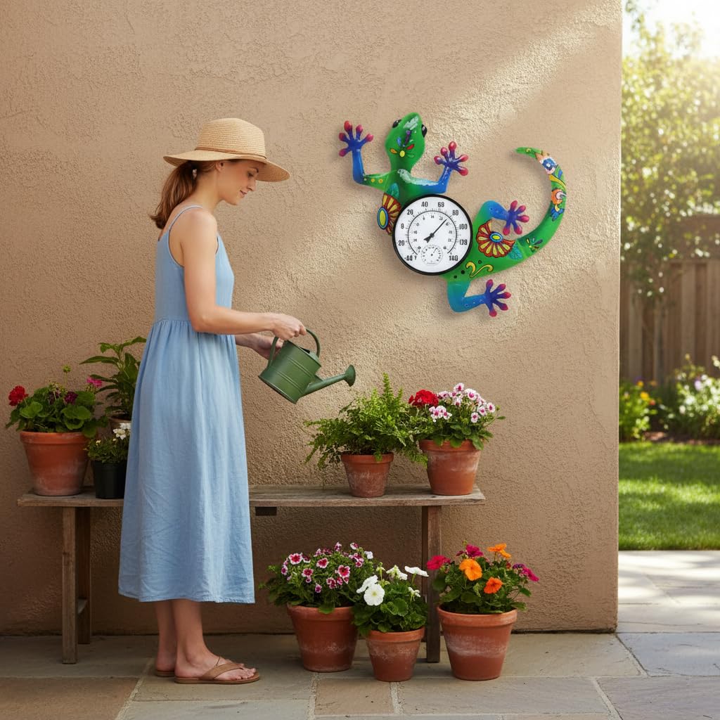 Outdoor Thermometer No Need Battery, Metal Outdoor Wall Thermometer Hygrometer Waterproof, Large Decorative Indoor Outdoor Thermometer for Patio, Room, Garden, Home(Dark Green Gecko)