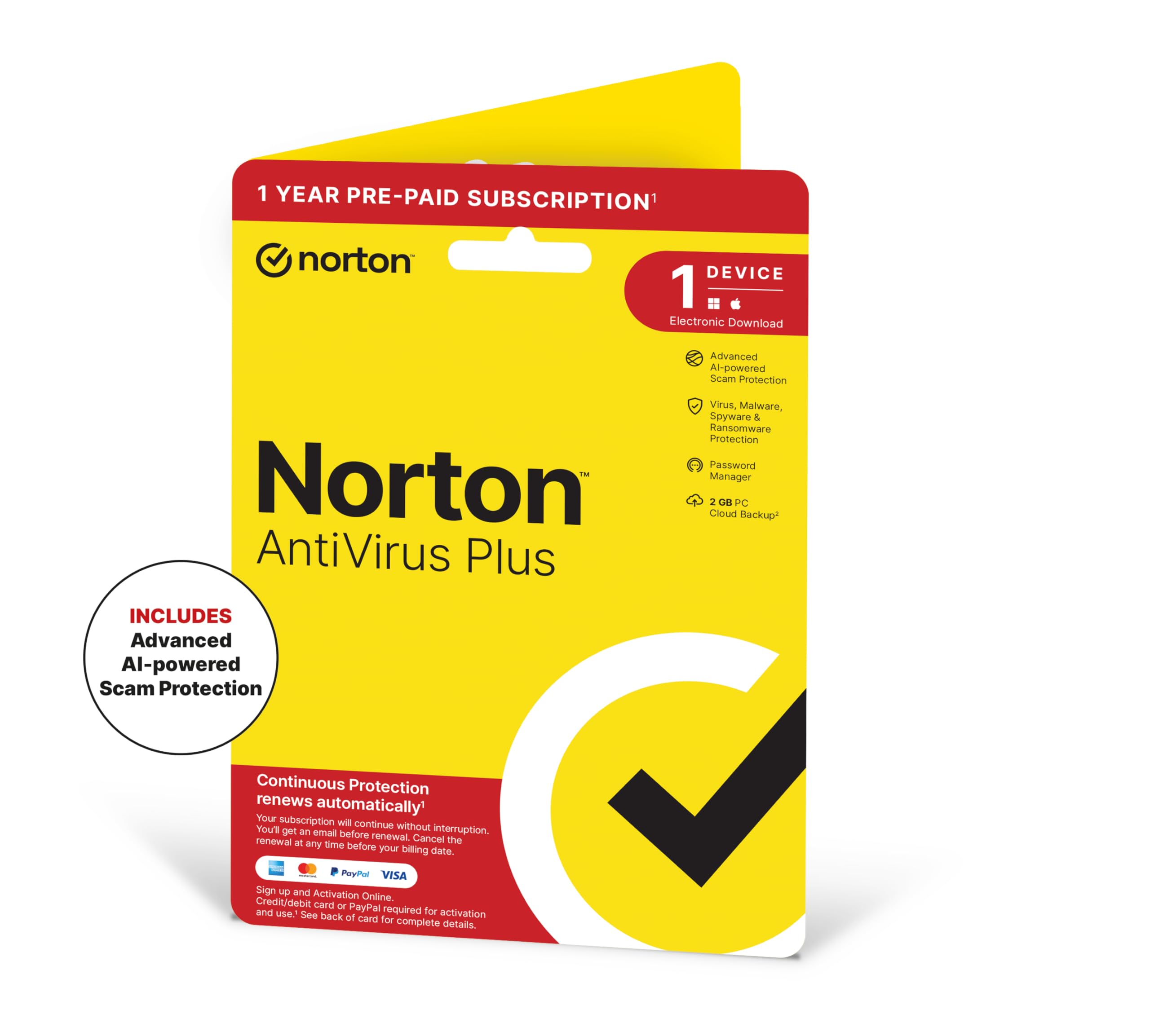 Norton AntiVirus Plus 2026, Antivirus software for 1 Device and 1-year subscription with automatic renewal, PC or Mac, Activation Code by Post