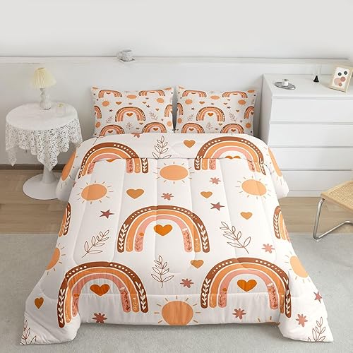 Miniatura 2 de Juego de edredón de tamaño matrimonial con diseño de arco iris bohemio para niños y niñas, juego de ropa de cama bohemio con estrellas y sol,