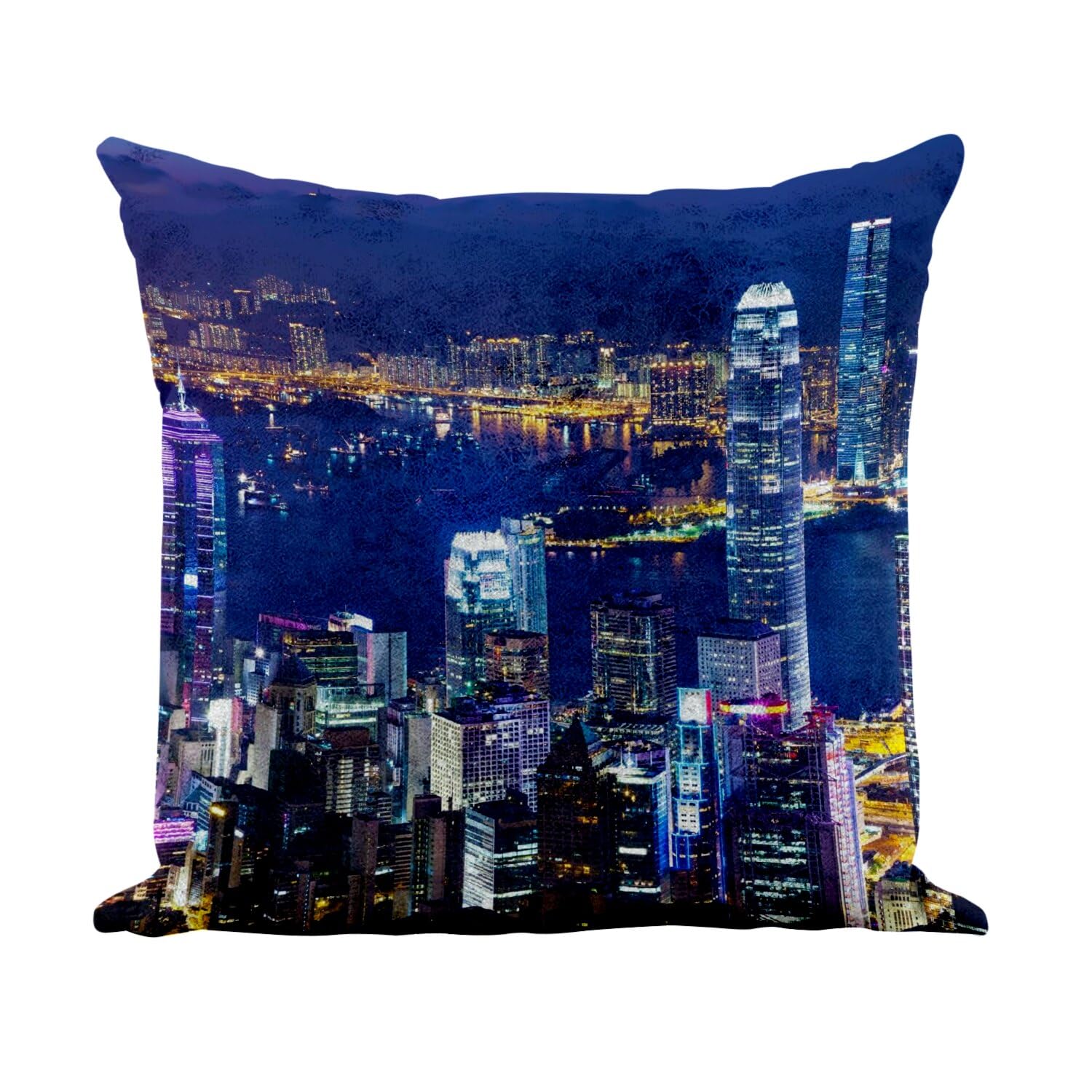 Coussin blanc 40x40 toucher cuir avec housse motif Hong Kong nuit