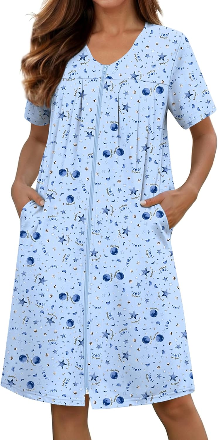 Ekouaer Zipper Robes for Women Short Knit Bathrobes Lightweight Knee Length Housecoat with Pockets Nightgown S-3XL