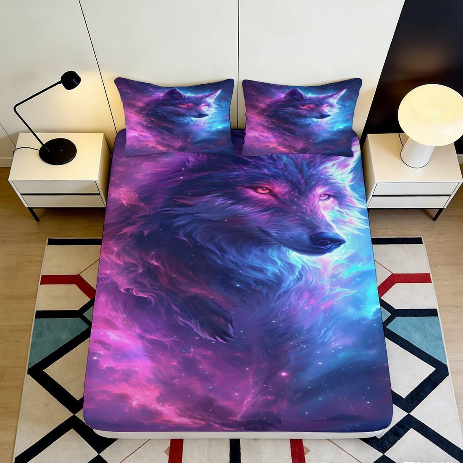 3D Printed Galaxy Wolf Fitted Sheet Microfiber Purple Blue Mattress Cover for Bedroom Dorm Decorative Protection 200x200x25cm
