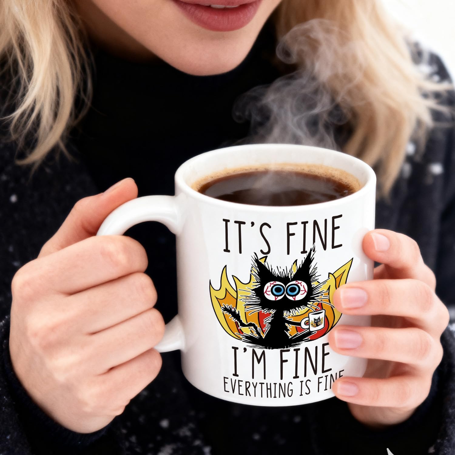 Funny Everything Is Fine Black Cat Coffee Mug Gifts for Cat Lover Women image 2