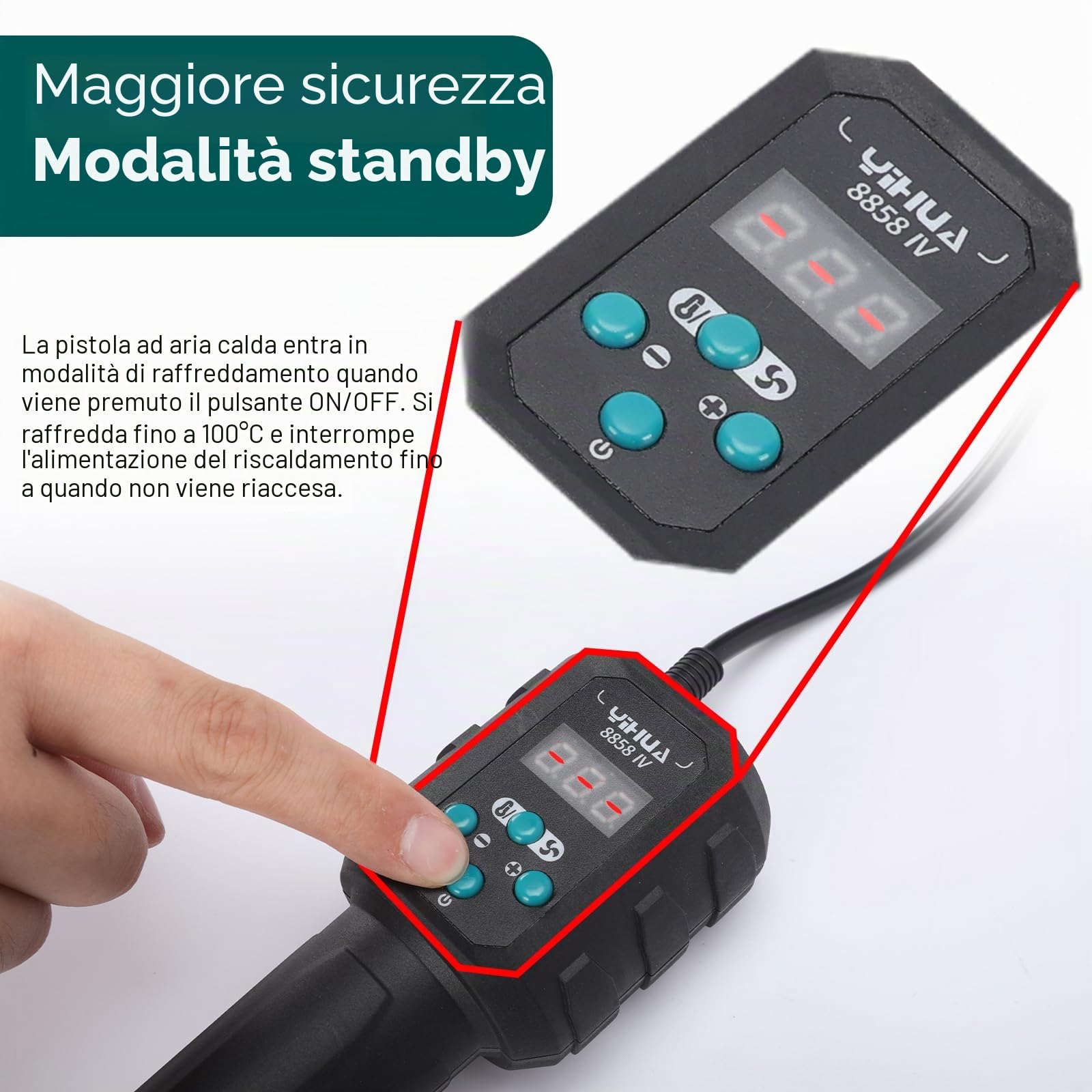 YIHUA 8858-IV Pistola termica per crafting, saldatura elettronica, fai-da-te, termoretraibile con funzione di controllo della temperatura e del volume d'aria, modalità standby manuale