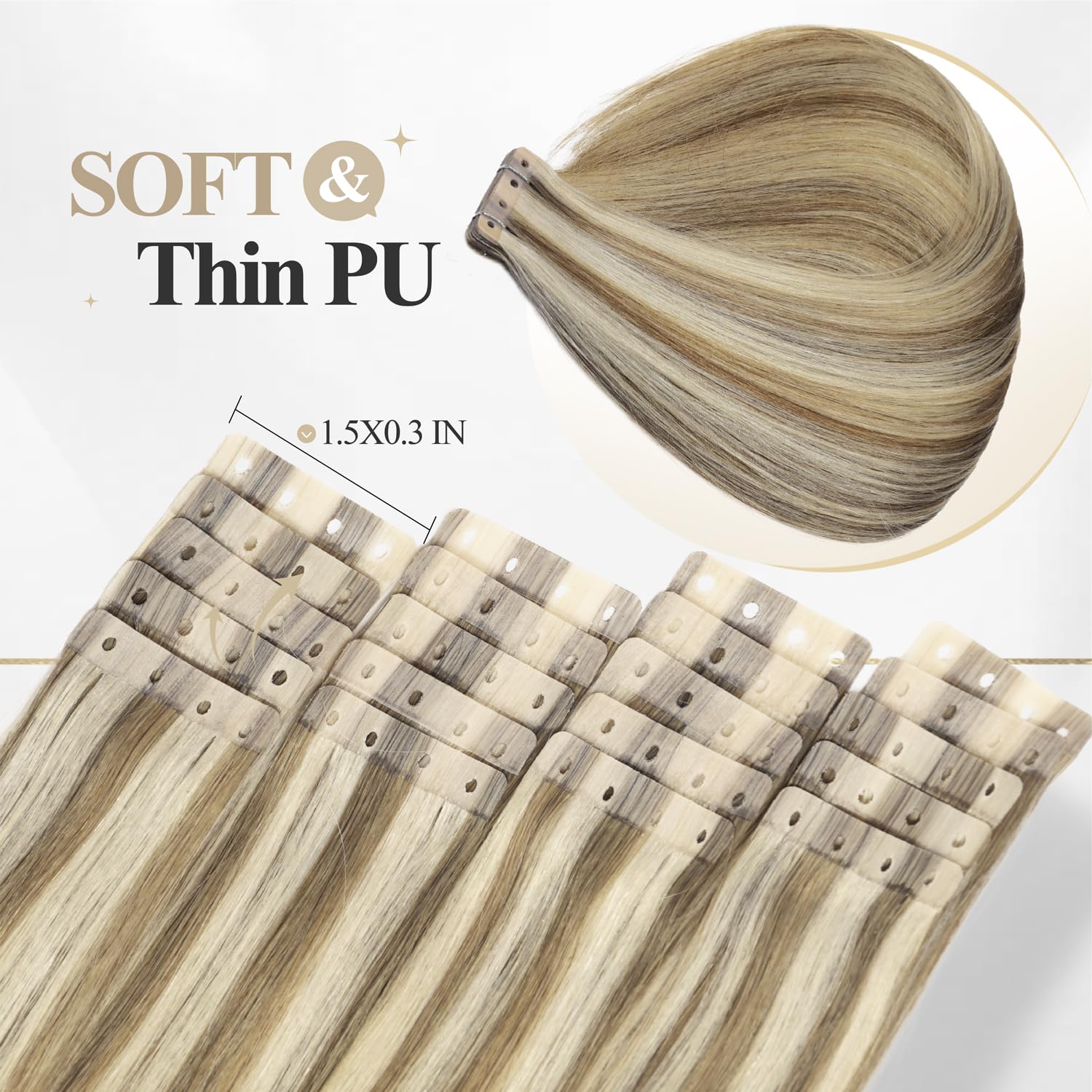 WIGER No Glue Highlighted Honey Blonde Micro Bead Hair Extensions Ombre Ash Blonde PU Insert Skin Weft Remy Human Hair Extensions Seamless Balayage Invisible Hair Extensions (50g, 20 Pcs)