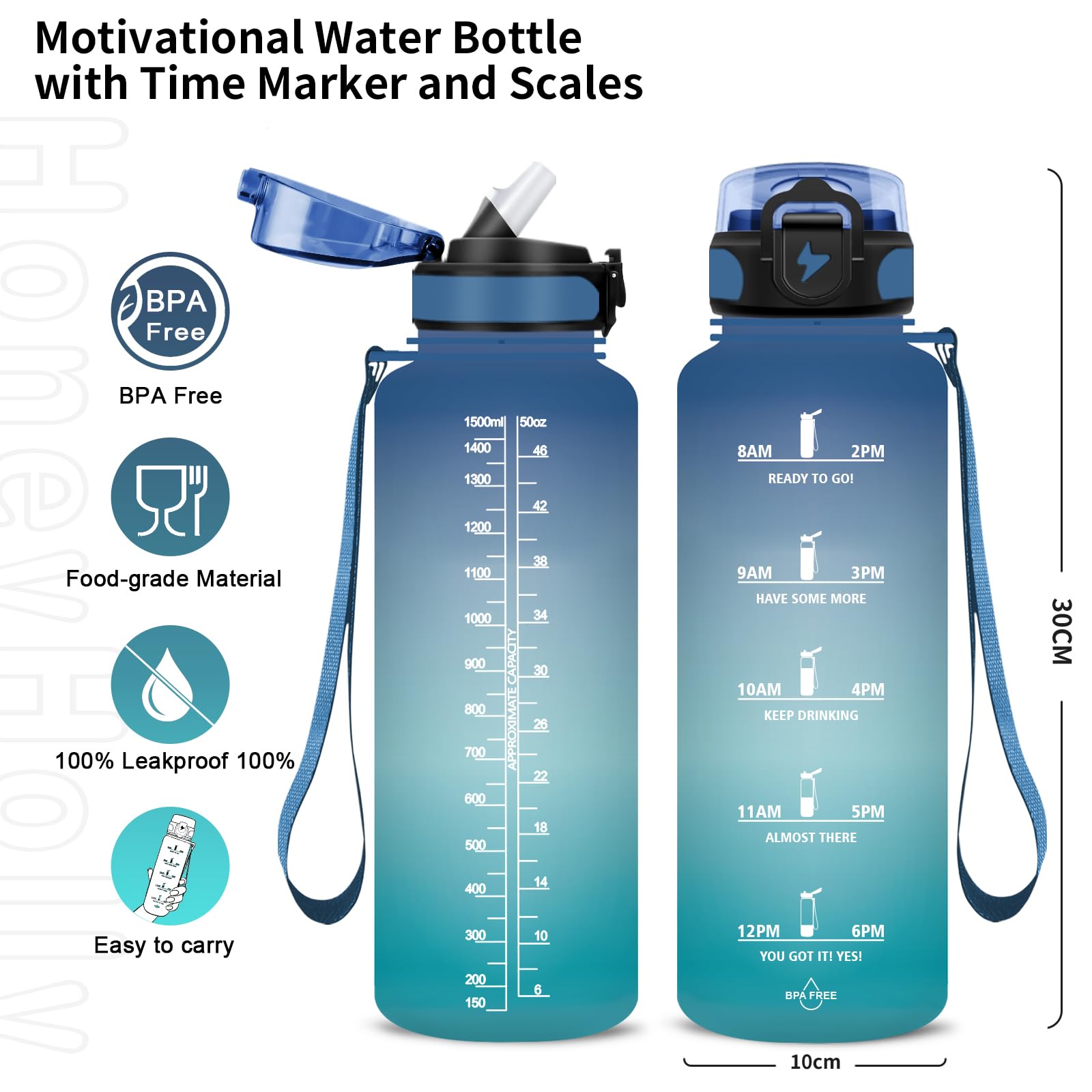 Grsta Borraccia - 1500ml - Borraccia Palestra senza BPA, Borraccia con Cannuccia, Borraccia Sportiva con Indicatore del Tempo Motivazionale, per Studio Fitness, Scuola, Ufficio - Nero Rosso