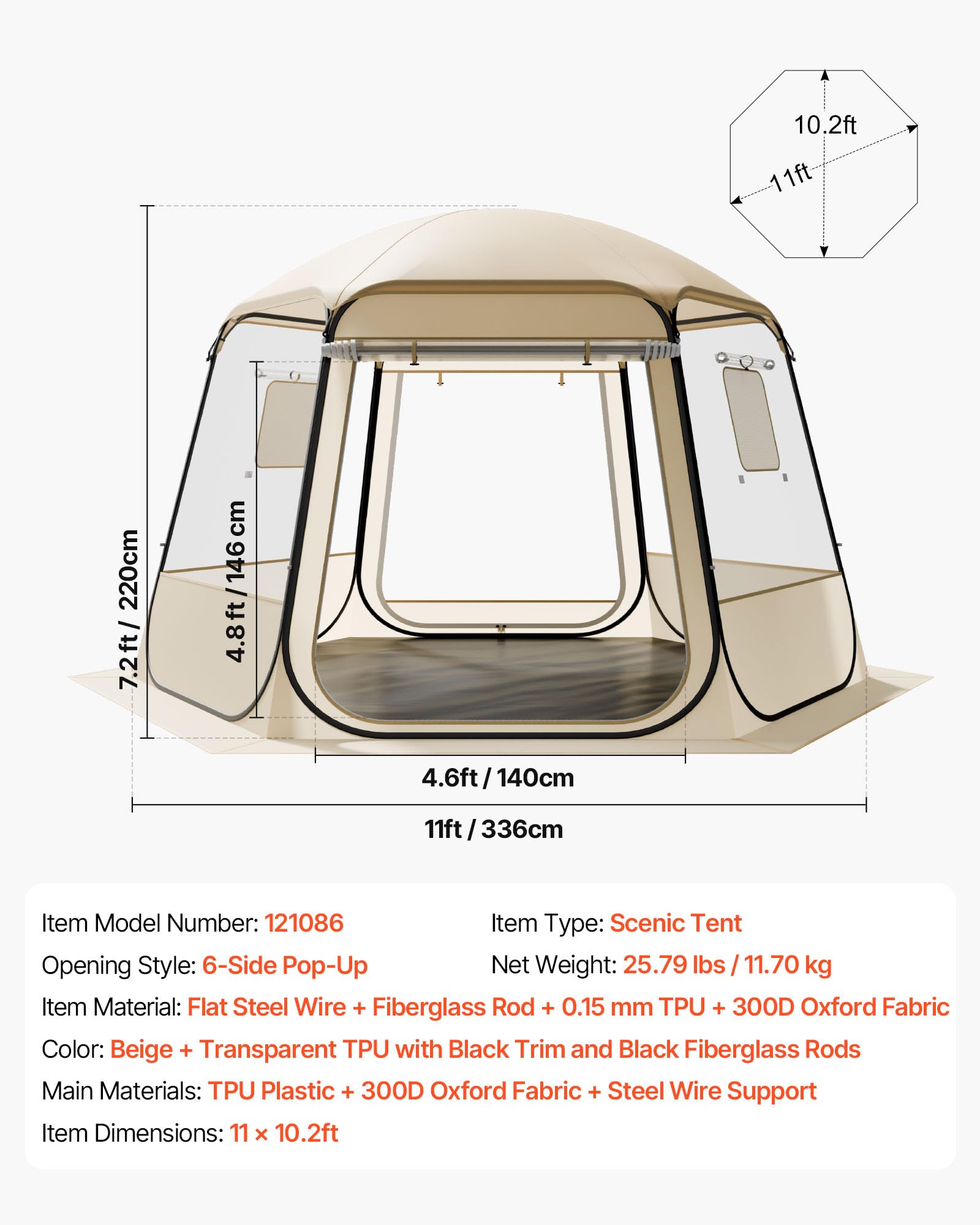 VEVOR Tienda de Campaña Plegable, 336 x 305 x 220 cm, Impermeable y Resistente a Los Rayos UV, Tienda Transparente con Ventanas y Vista Panorámica de 540° para 8-10 Personas para Patio y Jardín