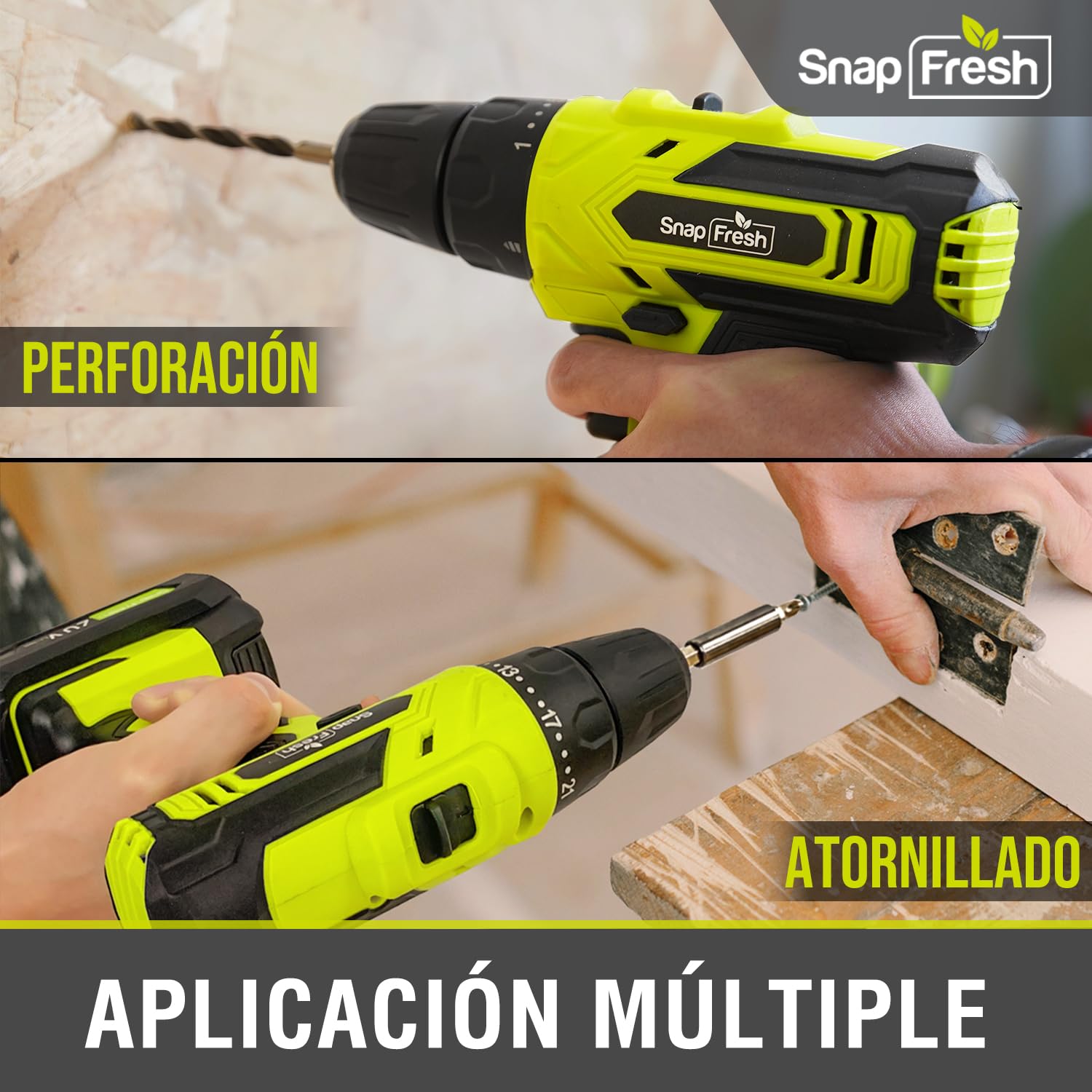 SnapFresh Taladro Atornillador a Batería 20V, 35Nm, 21+1 Par, 2 Velocidades, Taladro Eléctrico sin Cable con LED, 43 Accesorios, Batería 2.0Ah y Cargador Rápido, Ligero para Hogar y Bricolaje
