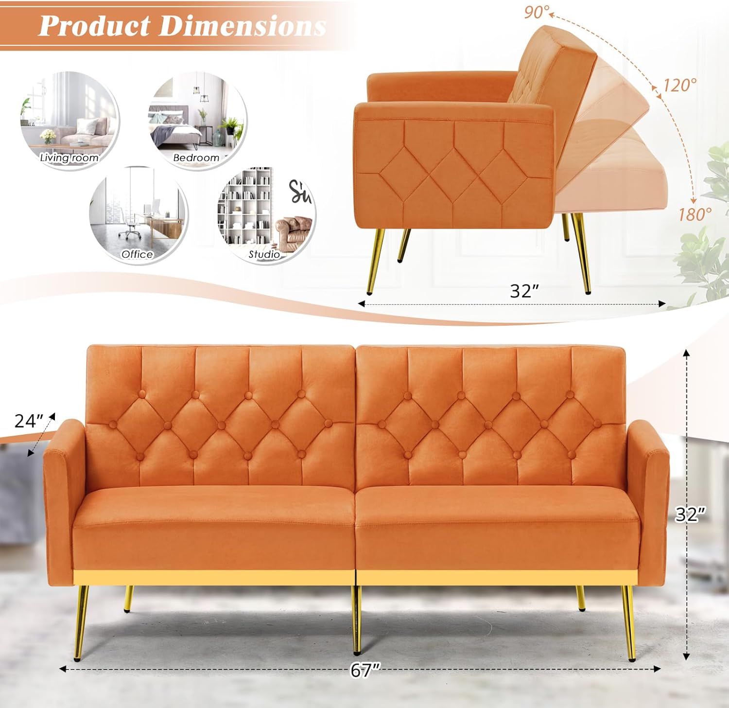 2 Pieces Velvet Sofa Set w/Adjustable Armrests and Backrests, Tufted Accent Chair w/Ottoman, Convertible Futon Sofa Bed for Bedroom, Living Room, Apartment, Orange
