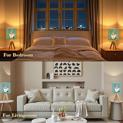 Miniatura 8 de Tripod Table Lamp Mid Century Modern Retro Green Coffee Cup Cafe Sign Art Scandinavian Bedside Lamps Small Lamp Nightstand Lamp with Linen Lampshade