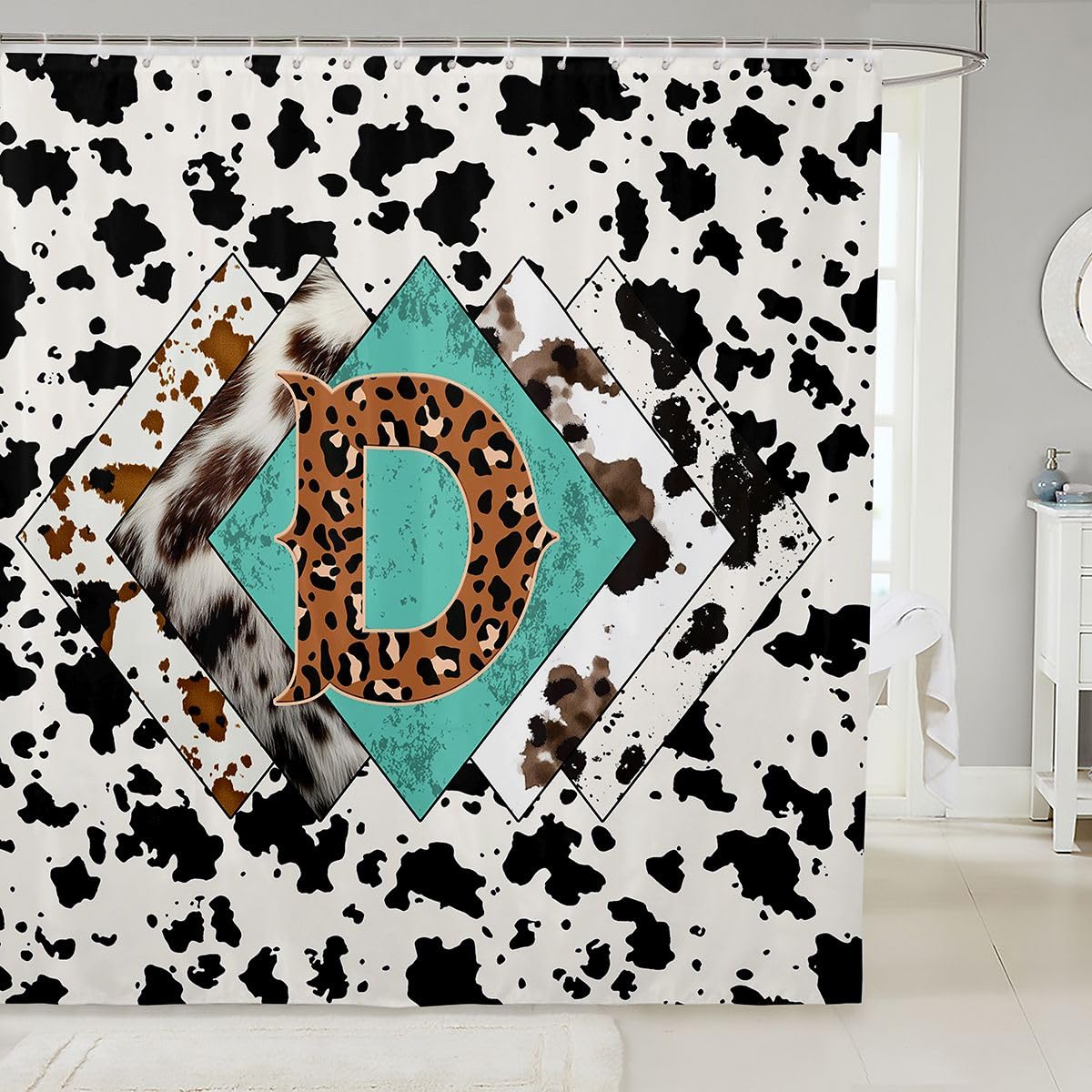 Rideau de douche lettre D taille L léopard monogramme alphabet imprimé cuir de vache rideau de bain pour adultes design rustique rétro rideaux de bain imperméables avec 12 crochets pour baignoire