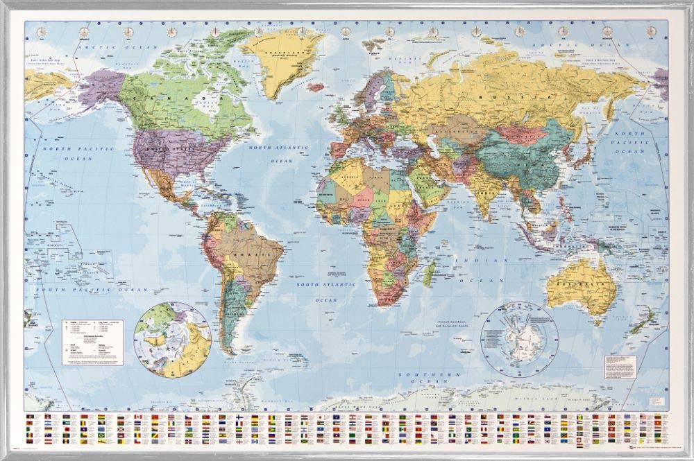 1art1 Carte Stampa e Cornice (Plastica) - Mappa del Mondo Politico con Bandiere (91 x 61cm)