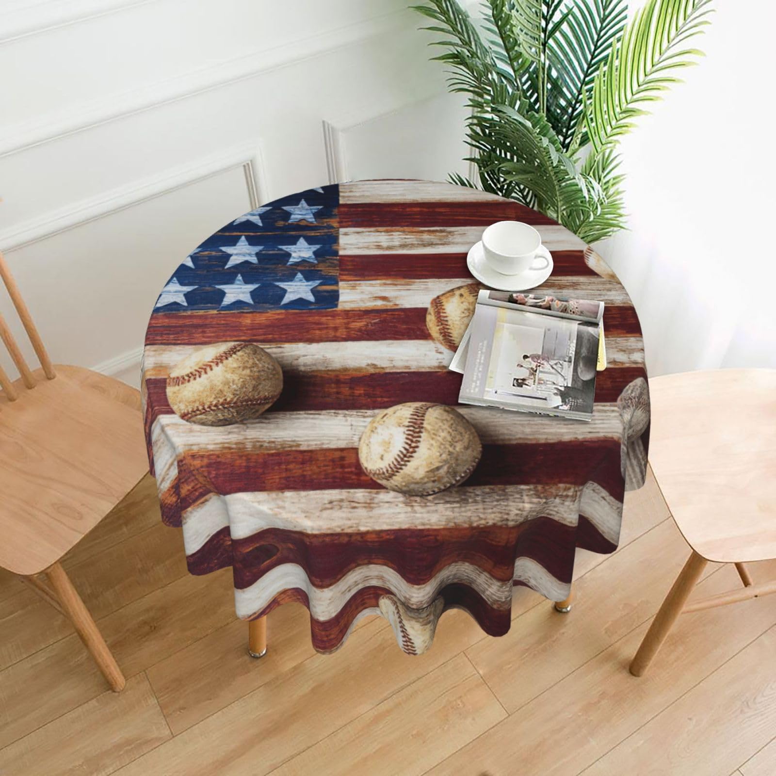 SDEGTHO American flag and baseball Print Modern Retro Round Tablecloth 60in Polyester Fabric Cover for Party Dining Table Washable