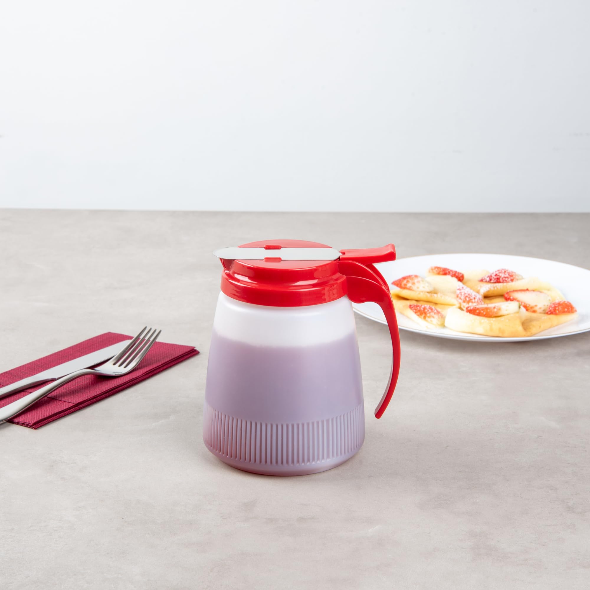 Restaurantware RW Base - Dispensador de jarabe multiusos de 32 onzas, 1 dispensador de miel, parte superior roja, cubierta deslizante de acero inoxidable, dispensador de jarabe de panqueques de