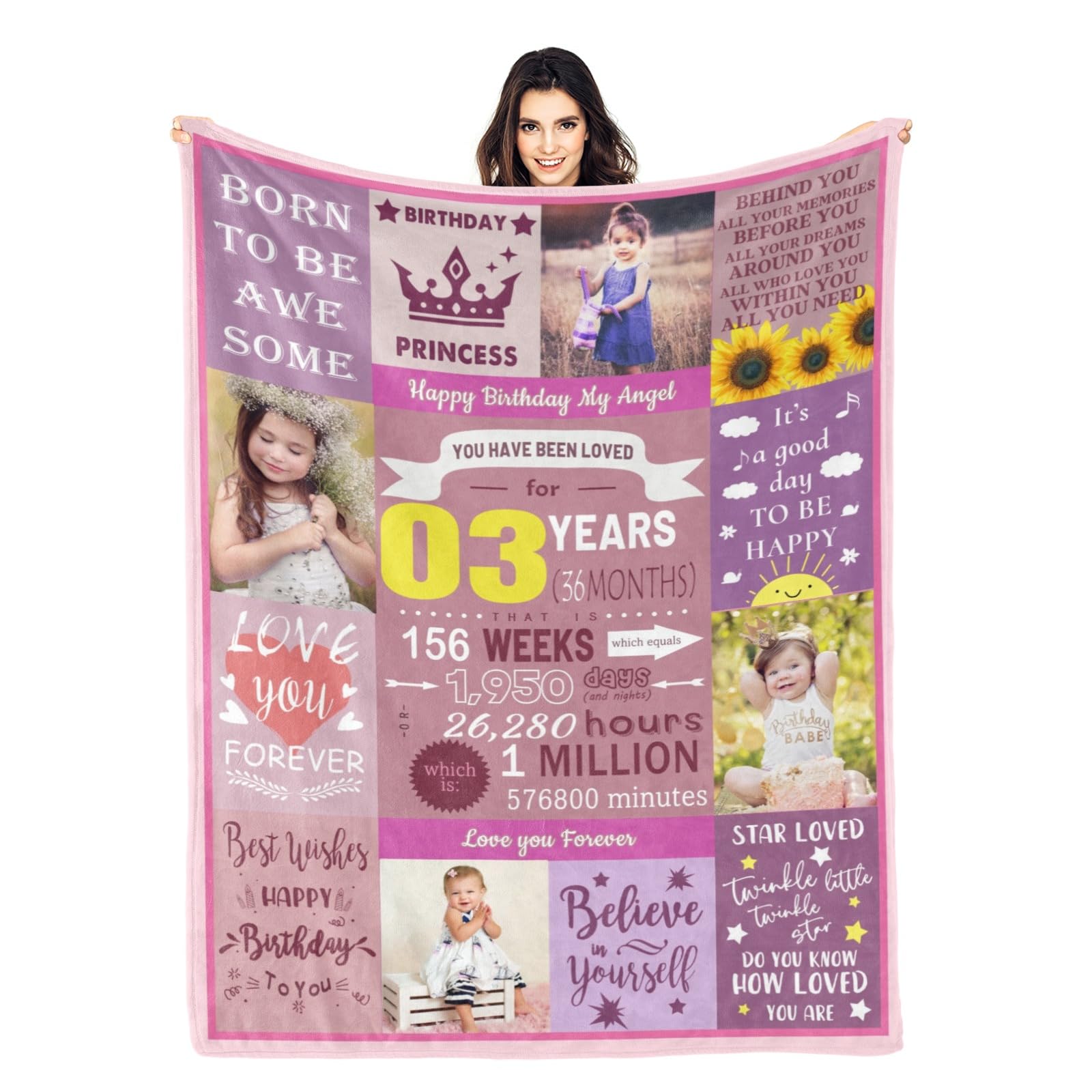 Kendt Personalised 3rd Birthday Gifts for Baby Girl,Daugther,Granddaughter,Custom 3rd Birthday Blanket with Photos,3 Year Old Girl Birthday Gifts Birthday Presents,3rd Birthday Decorations