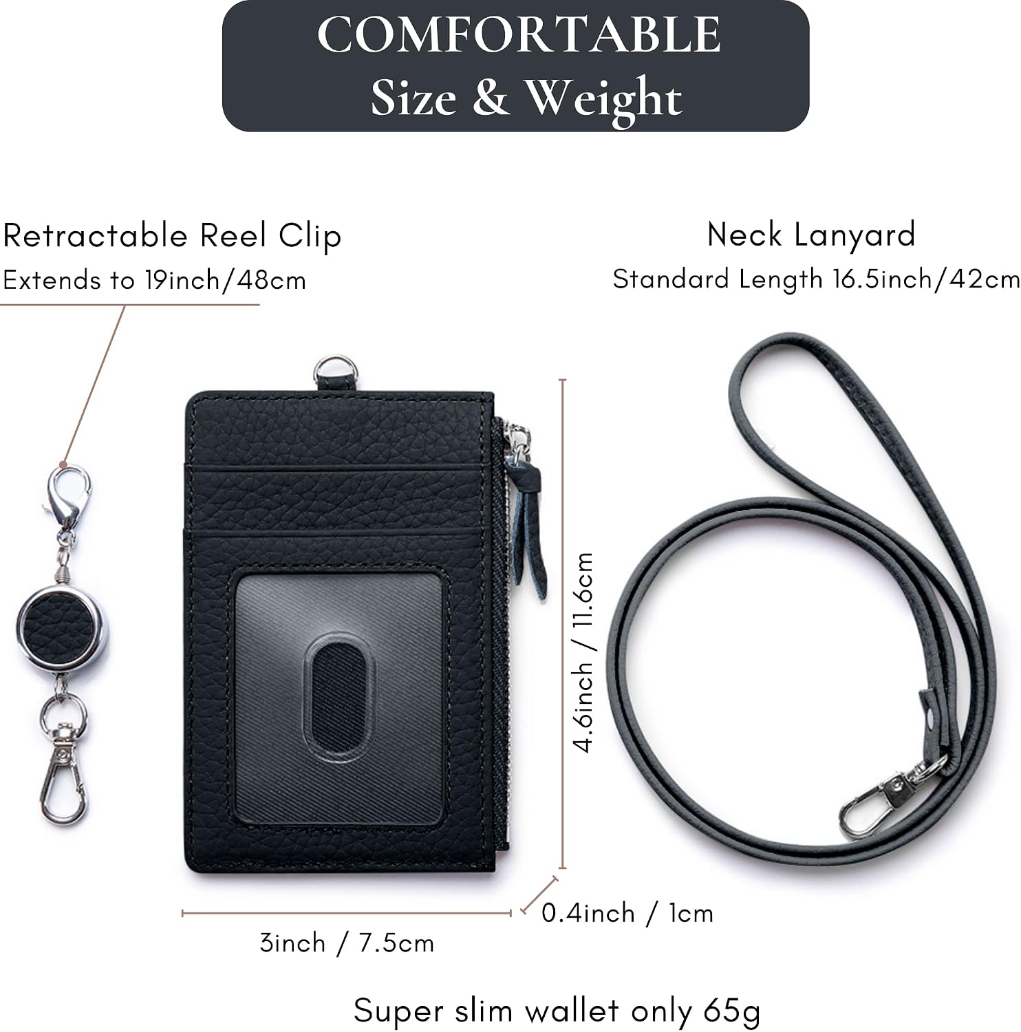 2-in-1 Leather ID Badge Holder with Wallet for Work, Multifunction ID Case with Credit Card Slots & Cash Coin Pocket, Slim Wallet with Lanyard for Women Men Nurse Teacher (Black)